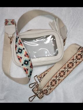 Cream Clear-Front Crossbody Bag with Patterned Straps